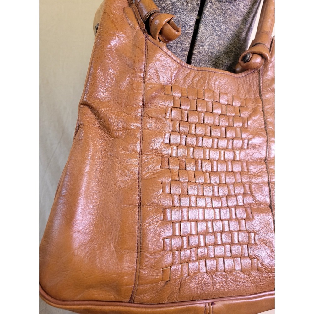 Vintage 60s 70s Brown Leather Woven Shoulder Bag Purse Brown Fall Don Quixote - Picture 3 of 16